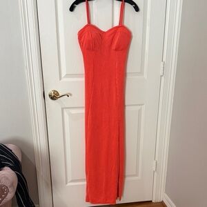 Orange ribbed dress maxi high slit adjustable strap, size large Jolie and joy
